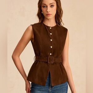 Commense Suede Effect Vest with Belt